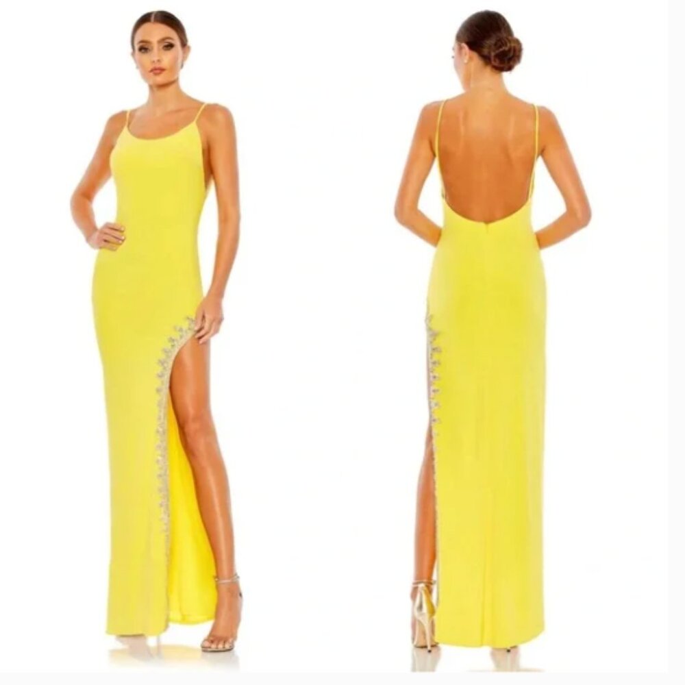 MAC DUGGAL 42002 SCOOP NECK BODYCON EMBELLISHED THIGH SLIT YELLOW GOWN DRESS 4